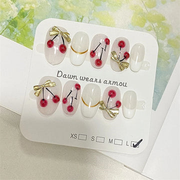 Qfdian Handmade Cute Press On Nails Short Oval Cherry Artificial Fake Nails Bowknot French Summer False Nails Charms Manicure Design